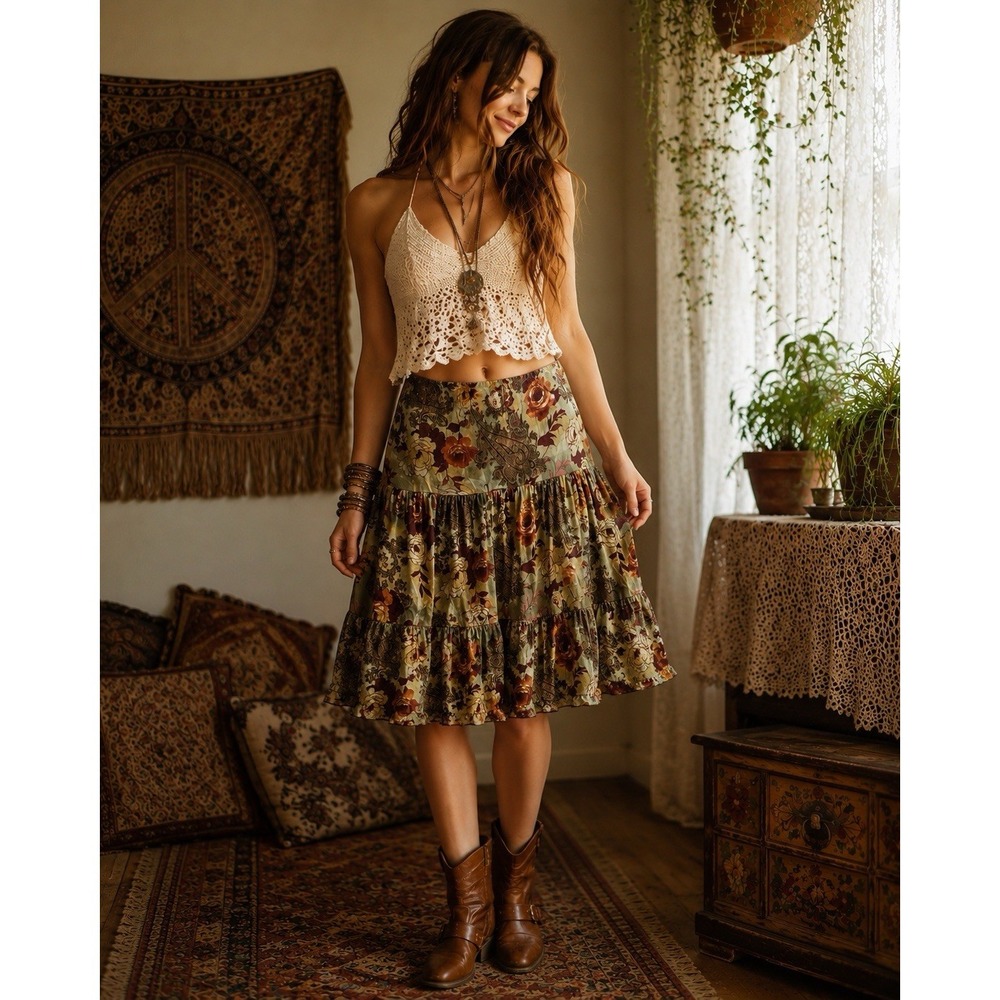 VTG Y2K 2000s S Small Skirt Woodland Floral Coquette Boho Cottage Hot Tempered